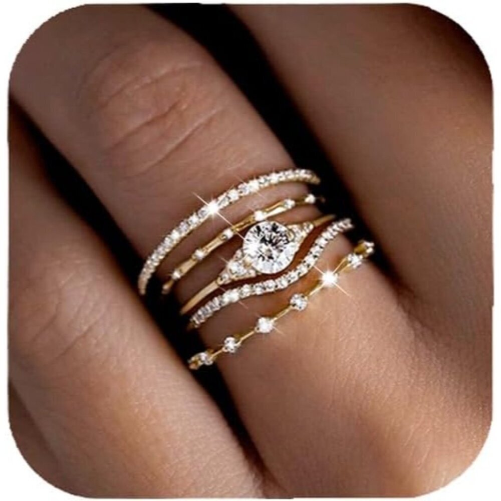 Trendy 14K Gold Plated Stackable Rings Set with Cubic Zirconia - Sizes 6-10